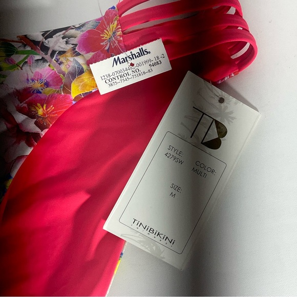 TiniBikini NWT’s Reversible Floral Orange Pink Swim Hi-Cut String Bottoms Sz MED - Picture 6 of 16